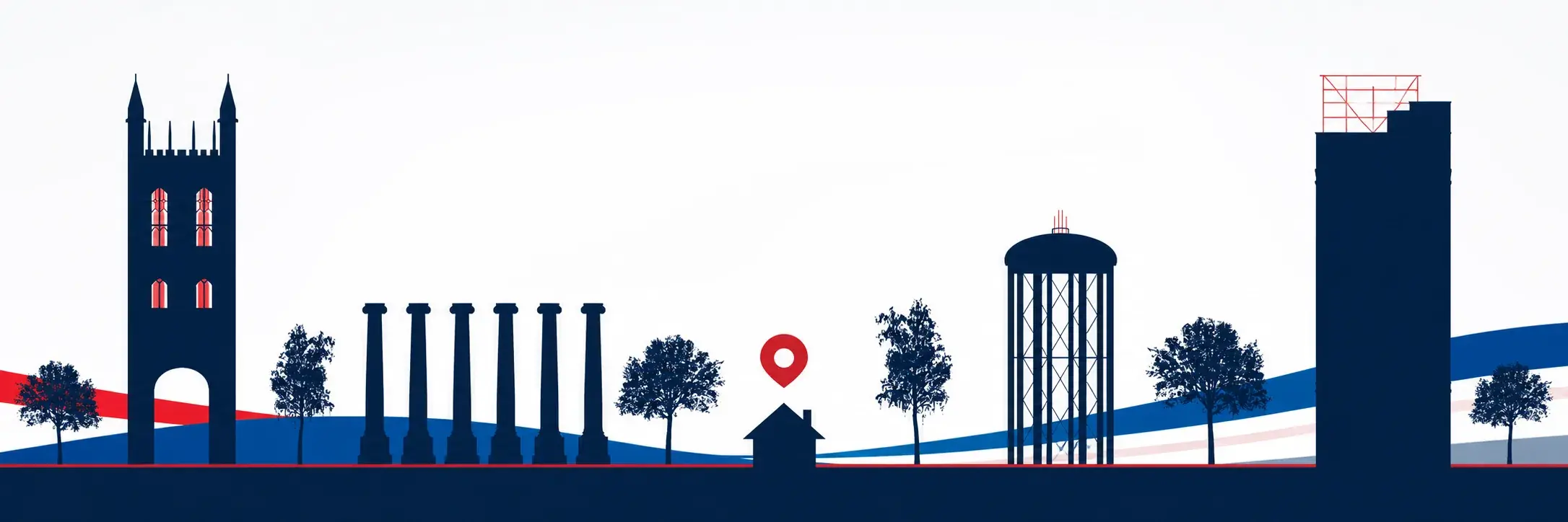Illustrated Columbia, Missouri skyline with Memorial Union, the Columns, water tower, and Tiger Hotel